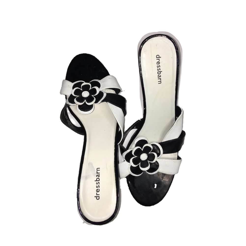 Black and white patent leather strap wedges